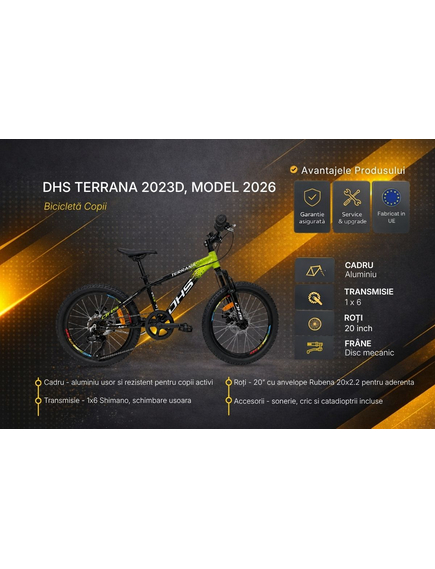 Bicicleta Copii Dhs Terrana 2023D, model 2026 - 20 Inch, Verde-Negru