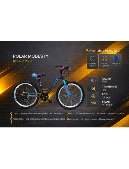 Bicicleta copii Polar Modesty, 24 inch, 6 viteze Shimano, frane V-Brake, Gri