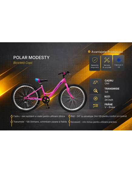 Bicicleta copii Polar Modesty, 24 inch, 6 viteze Shimano, frane V-Brake, Roz